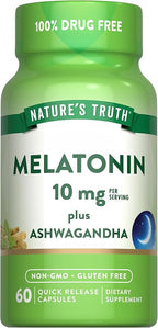 Nature's Truth Melatonin 10mg with Ashwagandha | 60 Capsules | Non-GMO & Gluten Free Supplement for Adults