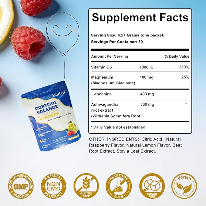 Cortisol Calm Drink Mix with Magnesium Glycinate Powder, L-Theanine, Vitamins, and Ashwagandha for Relaxation & Focus | Adaptogen Drink & Cortisol Support | 30 Packets (Raspberry & Lemon Flavor)