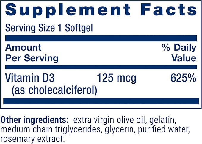 Life Extension Vitamin D3 125 mcg (5000 IU), Bone Health, Brain Performance, Immune System Support, Gluten-Free, Non-GMO, Once Daily, Two-Month Supply, 60 Softgels