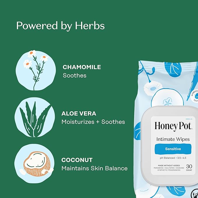 The Honey Pot Company - Feminine Wipes - Daily PH Balancing, Fragrance & Sulfate Free Wipes for Intimate Parts, Body, or Face - Hygiene Products - Sensitive 30 ct