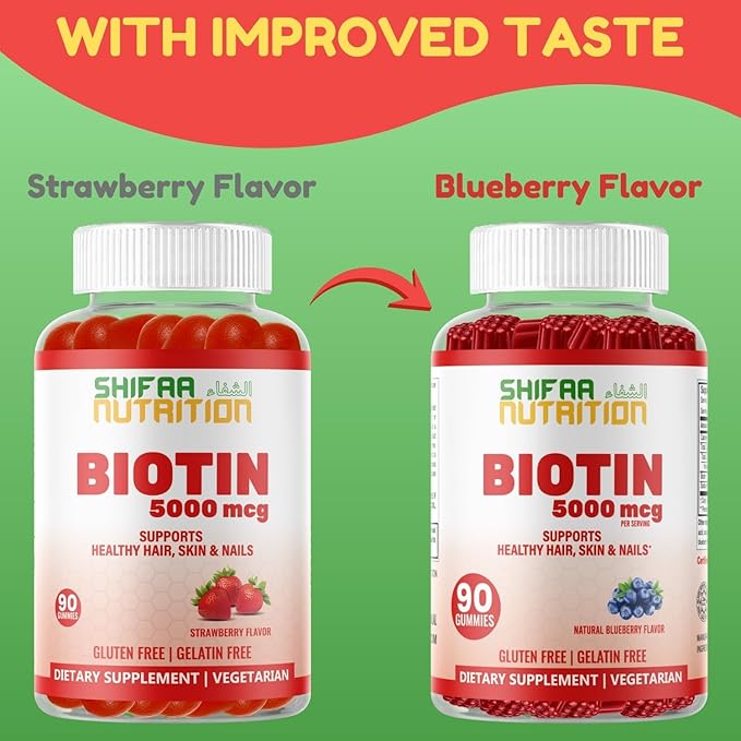 SHIFAA NUTRITION Vegan Biotin Gummies for Adult & Kids | 90 Gummies | 5000 mcg 45 Servings | Non-GMO | Gluten, Gelatin, Peanuts, Egg & Dairy Free | Biotin Gummy Vitamins for Hair, Skin & Nails Halal