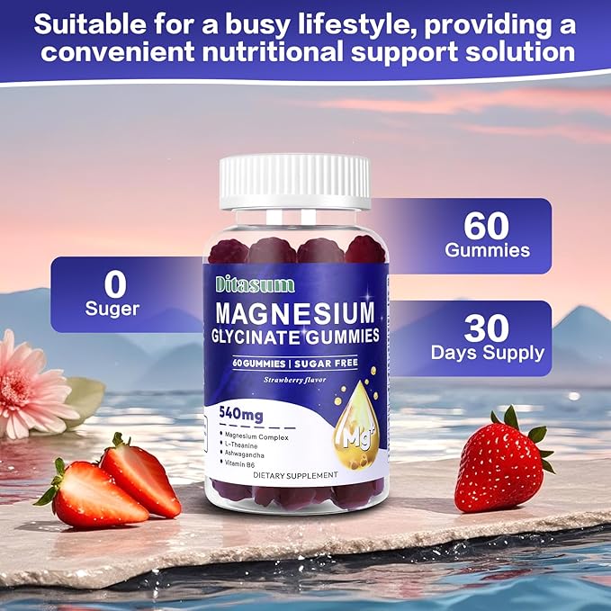 Magnesium Glycinate Gummies with L-Threonate, Vitamin B6, Ashwagandha 540mg per Serving, Sugar Free, Vegan, Relaxation & Nighttime Support, Strawberry Flavor, 60 Gummies