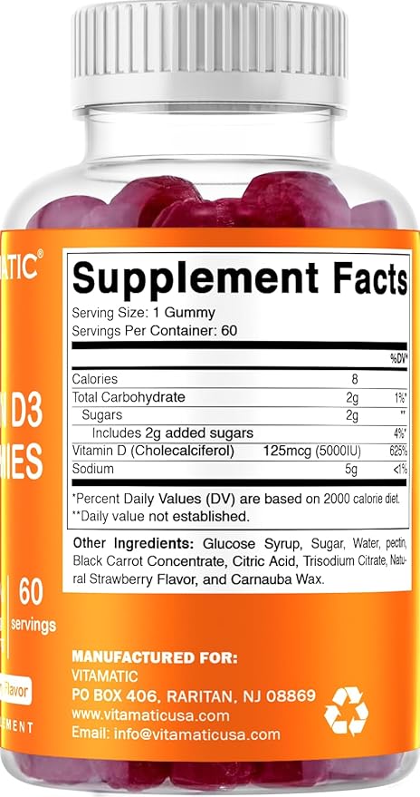 Vitamatic Vitamin D3 Gummies – 5000 IU Per Gummy | 60 Gummies per Bottle | Pack of 2 (Total 120 Count) Great Taste | Supports Bone, Teeth, Mood, Joint & Immune Health