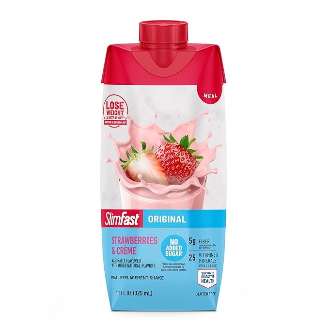 SlimFast Meal Replacement Shake, Original Strawberries & Crème, No Added Sugar, Meal Replacement Shakes, 10g Ready to Drink Protein, 5g Fiber, 25 Vitamins and Minerals, 11 Fl. Oz, 12 Count (Pack of 2)