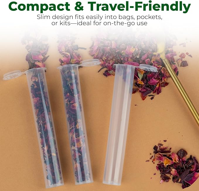 Kopperko Travel Medicine Container (116mm, 4.6 Inch 100-Pack) | Child Resistant Plastic Storage Tube | Mini Storage Tube for Spices | Airtight, UV Resistant & Waterproof (Clear Plastic)