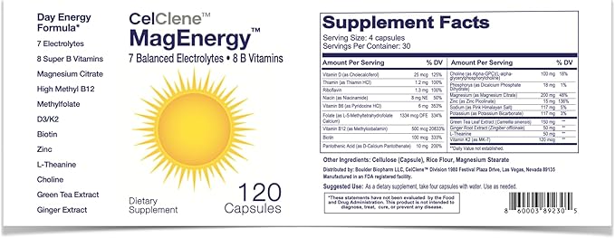 CELCLENE MagEnergy 7 Electrolytes, 8 Super B Vitamins, High Magnesium, High Methyl B12, Methyl Folate, D3/K2, Biotin, Zinc for Hydration, L-Theanine, Choline, Green Tea, Ginger Extracts