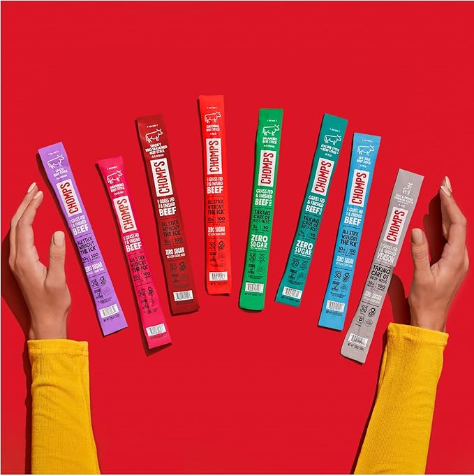 Chomps Grass-Fed and Finished Smoky BBQ Beef Jerky Snack Sticks 10-Pack - Keto, Paleo, Whole30, 10g Lean Meat Protein, Gluten-Free, Zero Sugar Food, Non-GMO
