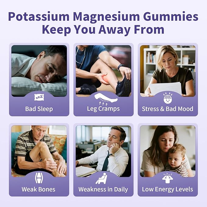 2 Pack Potassium Magnesium Gummies, Sugar-Free Potassium Gummies with Magnesium Glycinate 500mg Chewable Potassium Magnesium Supplements with Calcium, Zinc & Vitamins to Support Leg Muscle Relaxation