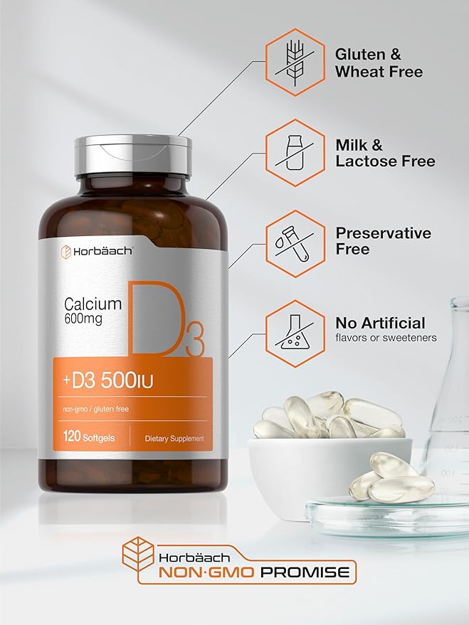 Horbäach Calcium Supplement with Vitamin D3 | 600 mg | 120 Softgels | Non-GMO & Gluten Free | for Men and Women