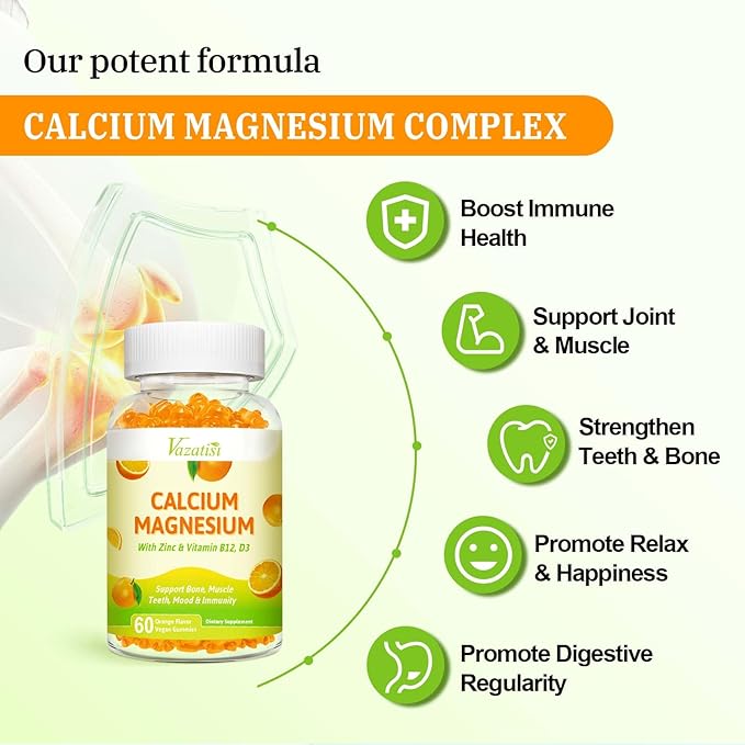 Calcium Magnesium Zinc Gummies with Vitamin D3 and K2, High Absorption Magnesium Glycinate Potassium for Immune and Calm Mood, Vegan Orange Flavor 120 Gummies