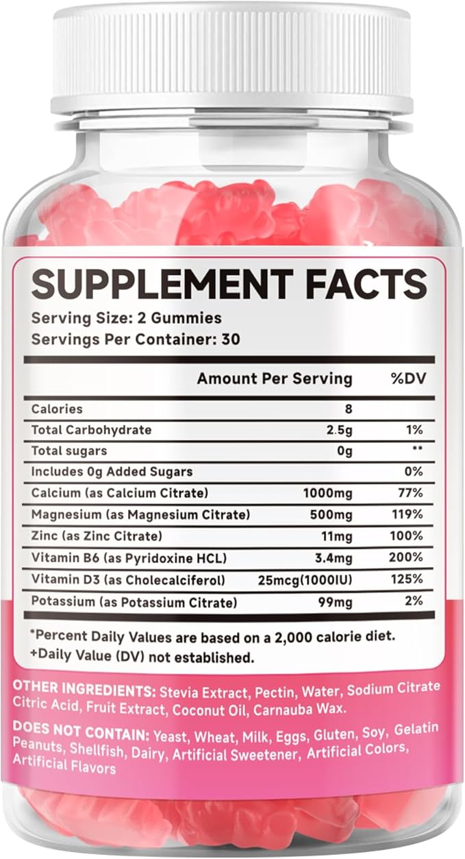2 Pack Calcium Citrate Gummies 1000mg w/Vitamin D3, High Absorption Calcium Gummies for Women & Men, Plus Magnesium, Potassium, Zinc for Muscle & Immune Support, Raspberry Flavor, 120 Count