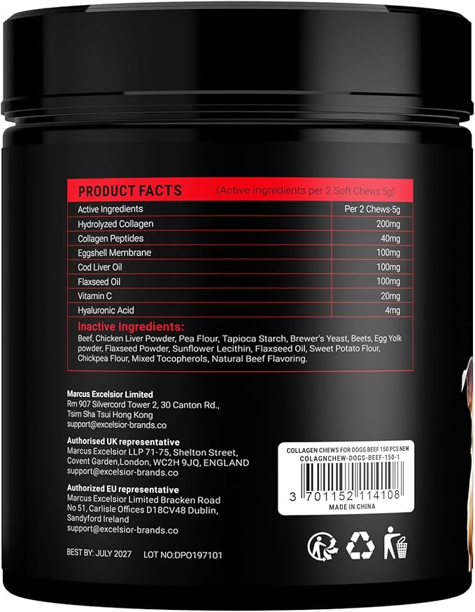 Collagen for Dogs - 150 Chews - Joint, Skin & Coat Supplement with Hyaluronic Acid, Eggshell Membrane & Vitamin C - Daily Hip & Joint Support for Senior Dogs & Puppies - Beef