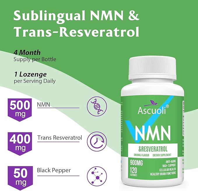 Sublingual NMN 500mg + Trans-Resveratrol 400mg, 3-in-1 Advanced Formula 99% Pure NMN Resveratrol Supplement for Boost* NAD, Cell, Immune, Energy & Muscle, Anti-Aging, 120 Lozenges, 120-Day Supply