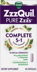 ZzzQuil Pure Zzzs Complete Sleep, Melatonin 10mg, L-Theanine, GABA, with Ashwagandha, and Magnesium, Melatonin Sleep Aid, 60 Count