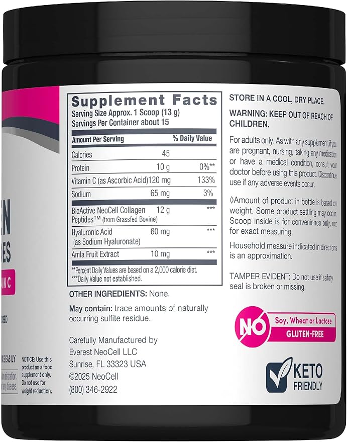 NeoCell Collagen Peptides Powder | 6.9 oz | Unflavored Supplement | with Vitamin C and Hyaluronic Acid | Advanced Formula | Hair, Skin, & Nails | for Women and Men