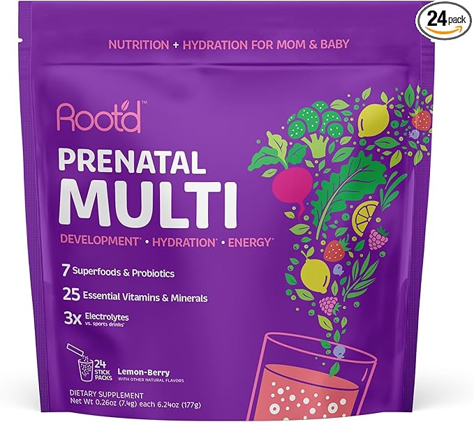 Root'd Prenatal Multivitamin Powder - 25 Vitamins & Minerals with 3X Electrolytes, Folate, Iron, D3 for Mom & Baby, 7 Superfoods & Probiotics, Sugar-Free Vitamins & Hydration | 24 Packets