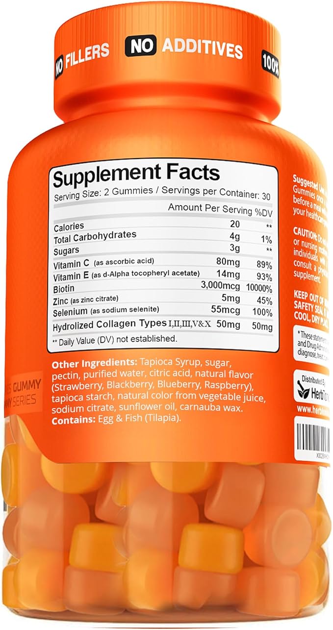 Herbtonics Multi Collagen Gummies with Biotin & Vitamin C, Hydrolyzed Collagen Peptides Types I, II, III, V, X for Hair, Skin, Nails, & Bone Support - Tropical Flavor, 60 Gummies