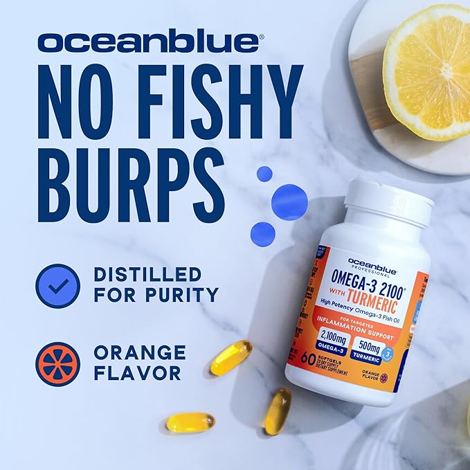 Oceanblue 2100 Triple Strength Omega-3 Fish Oil with Turmeric | Burpless Omega 3 Combo Supplement with Curcumin EPA DHA DPA | Heart and Joint Support | 60 Softgels | 2 Pack | 120 Total Softgels
