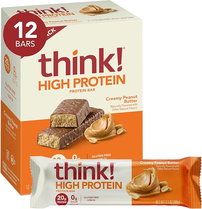 think! Protein Bars, High Protein Snacks, Gluten Free, Kosher Friendly, Creamy Peanut Butter, Nutrition Bars, 2.1 Oz per Bar, 12 Count (Packaging May Vary)