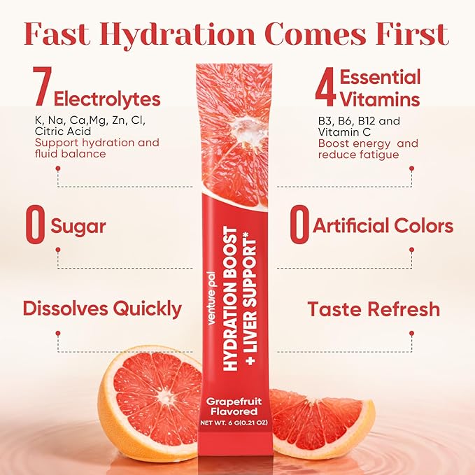 Venture Pal Hydration Packets + Liver Support- Liquid Daily IV Electrolyte Powder Packets with 7 Electrolytes & 5 Vitamins, Milk Thistle + L-Theanine | Sugar-Free | Keto Friendly | Vegan, 16 Sticks