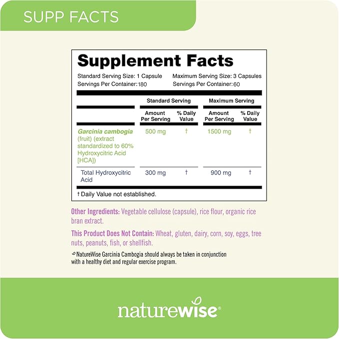 NatureWise Garcinia Cambogia - 60% HCA Concentration Extract,Natural Support for Weight Goals and Energy Levels - Vegan,Non-GMO,Gluten Free - 180 Capsules[2-6 Month Supply],(Pack of 2)