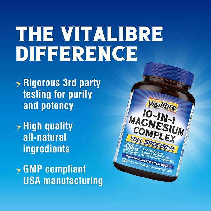 10 in 1 Magnesium Complex, 420mg Elemental Magnesium | Ultra Strength, Max Absorption | Chelated Magnesium Supplement for Nerves, Bone & Heart Health | Non-GMO, 120 Vegan Capsules