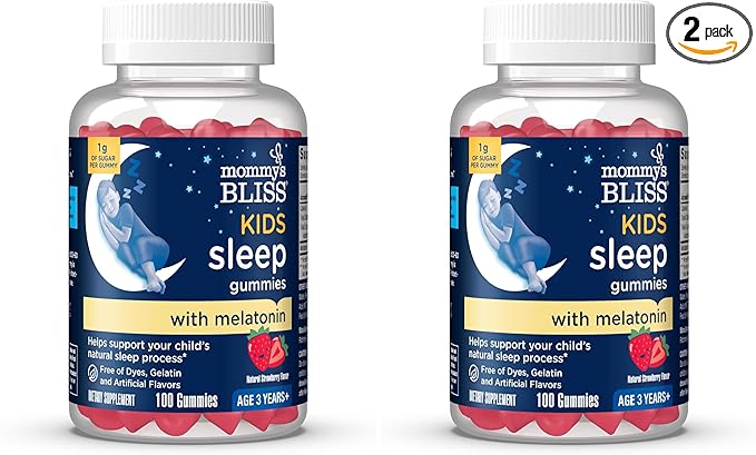 Mommy's Bliss Kids Sleep Melatonin Gummies, Non Habit-Forming with No Artificial Colors, Flavors or Gelatin - Age 3 Years+ - Strawberry Flavor - 100 Sleep Gummies,(Pack of 2)