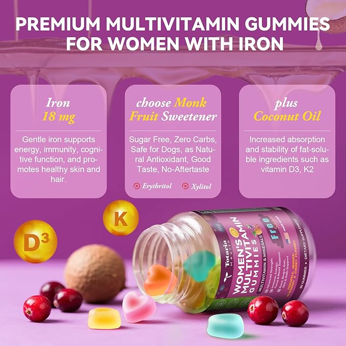 Totaria 2PCS Sugar Free Womens Multivitamin Gummies with Iron, Women's Multivitamin w/Vitamins C, D3 K2, B12, Filled Gummies for Daily Nutritional Support| Immune Support| Skin Health, Mixed Flavors