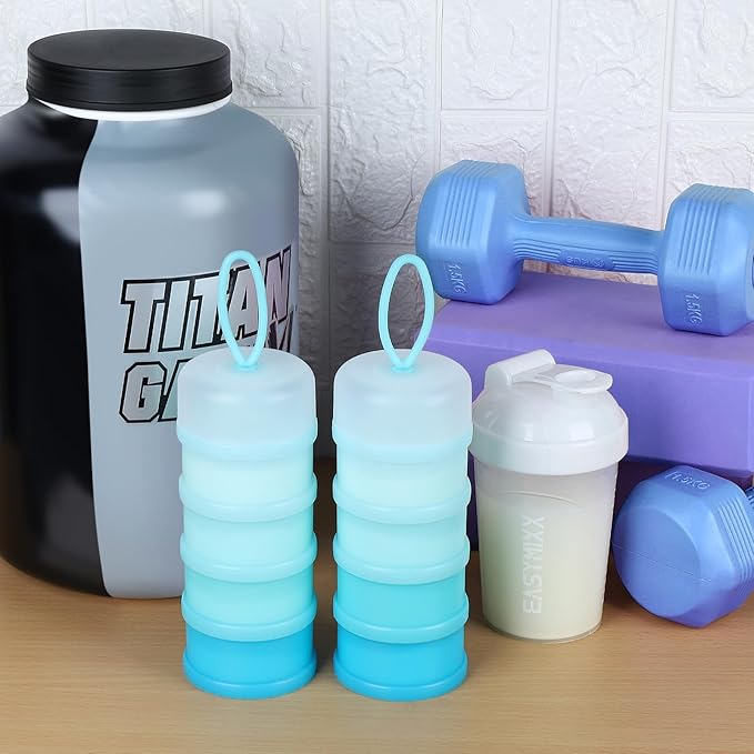 Accmor 2 Pcs Protein Powder Container to Go with Funnels Stand, 4 Compartments Stackable Protein Powder Dispenser for Workout, Fitness, Travel