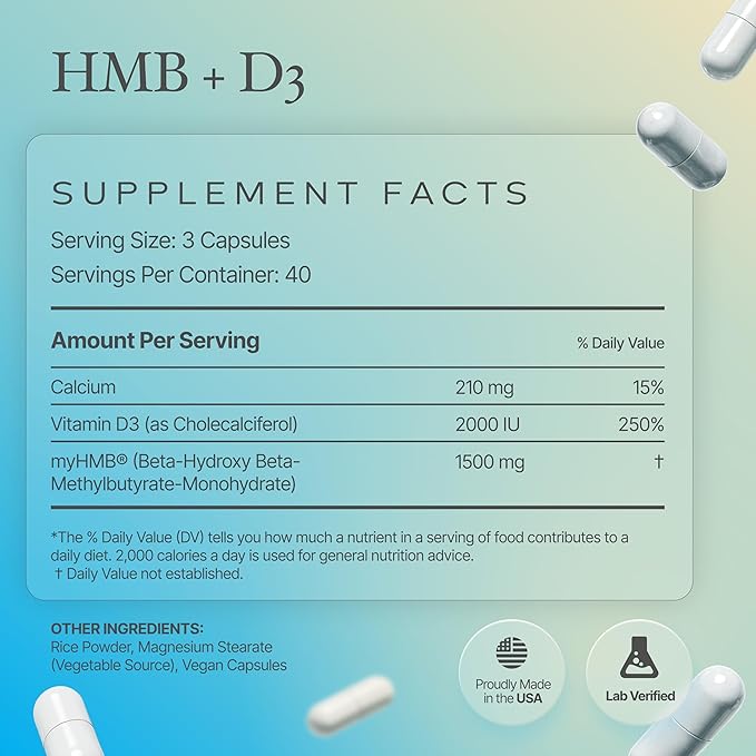 HMB and Vitamin D3 Supplement, 1,500mg Patented Formula with Clinical Dose, Preserve Lean Muscle with Ageless Performance, Beta-Hydroxy Beta-Methylbutyrate Capsules, 120 Count