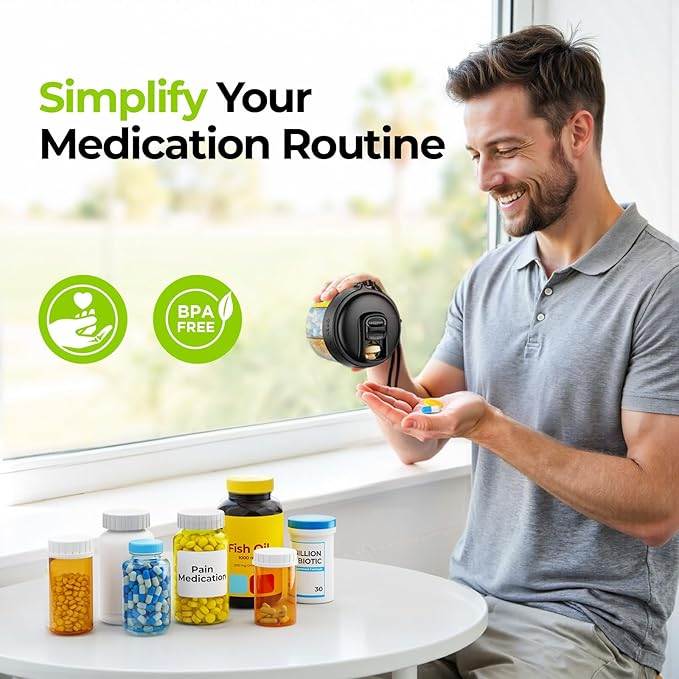 AUVON Portable Pill Dispenser to Store 7 Various Supplements, Travel Pill Organizer Bottle with Anti-Mixing Design, Arthritis-Friendly Pill Container with Wide Opening & Slider Lid, 20 Blank Stickers