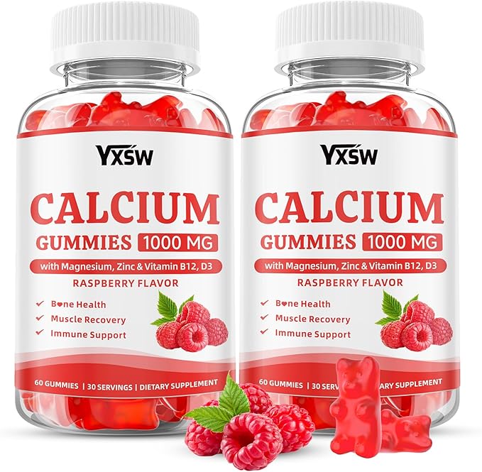 Calcium Gummies 1000mg with Vitamin D3 K2 & B12 Complex, High Absorption Potassium, Calcium Magnesium Zinc Supplement for Bone, Muscle, Mood and Immunity Support, Raspberry Flavor, 120 Count