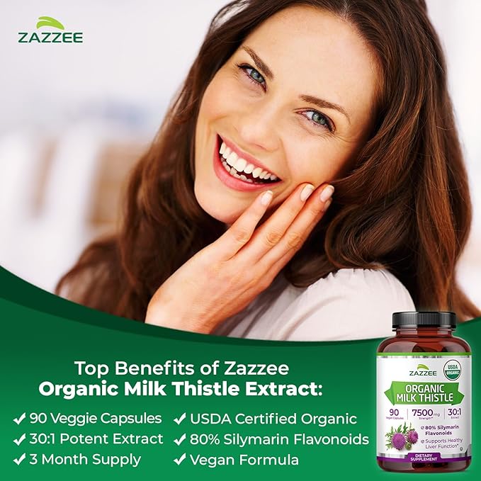 Zazzee USDA Organic Milk Thistle 30:1 Extract, 80% Silymarin, 90 Vegan Capsules, 3 Month Supply, Certified Kosher, High Potency Liver & Antioxidant Support, Silybum Marianum, Non-GMO, Made in the USA