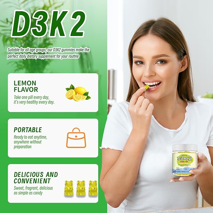 Vitamin D3K2 Gummies,Vitamin D3 10000 IU with K2 200mcg,VitaminC,Calcium,Magnesium,Zinc,Support for Bones,Joints,Muscles,Nerves,and Immune System (60, Lemon，Sugar-Free)