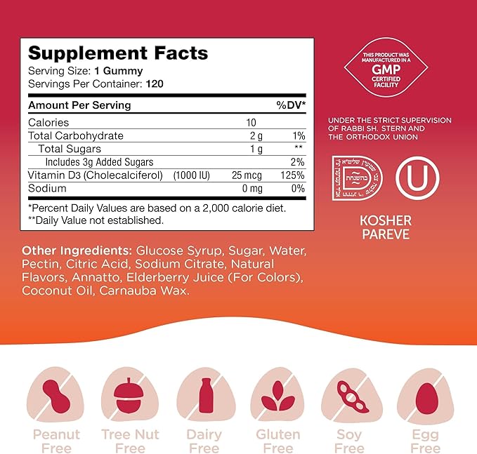 Zahler - Chapter One Vitamin D3 1000 IU Gummies for Kids & Adults (120 Count) - Certified Kosher, Made in USA