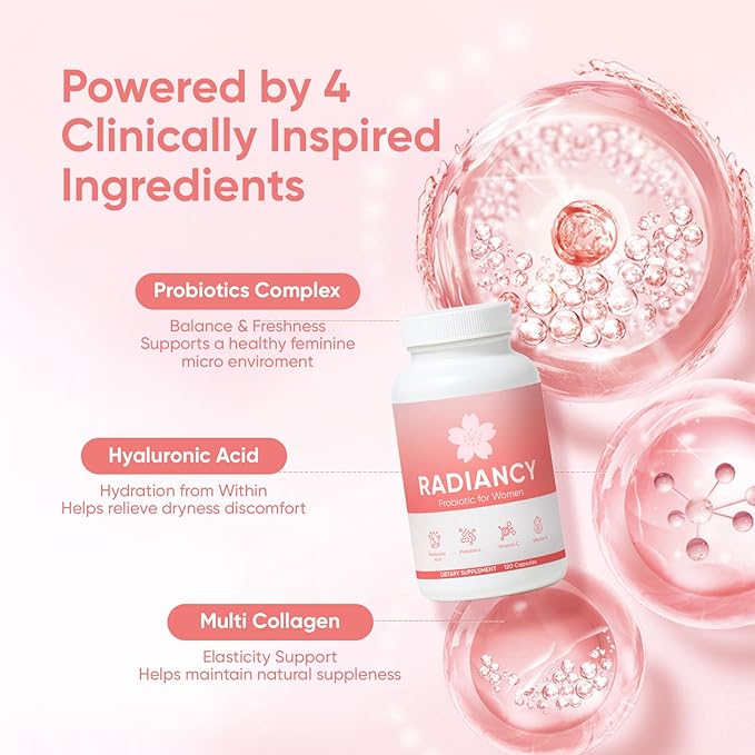 Radiancy Probiotic for Women Vaginal Health - Vaginal Dryness & Ph Balance with Lactobacillus Strains, Cherry Blossom Extract, Hyaluronic Acid, Vitamin C | 120 Count
