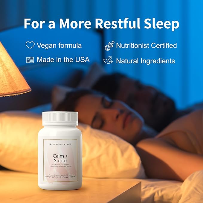 Nourished Natural Health Calm + Sleep – Relaxation & Melatonin-Free Sleep Supplement for Women, Cortisol Support with Ashwagandha, L-Theanine, Magnesium & Valerian Root – Vegan & Non-GMO,180 Capsules