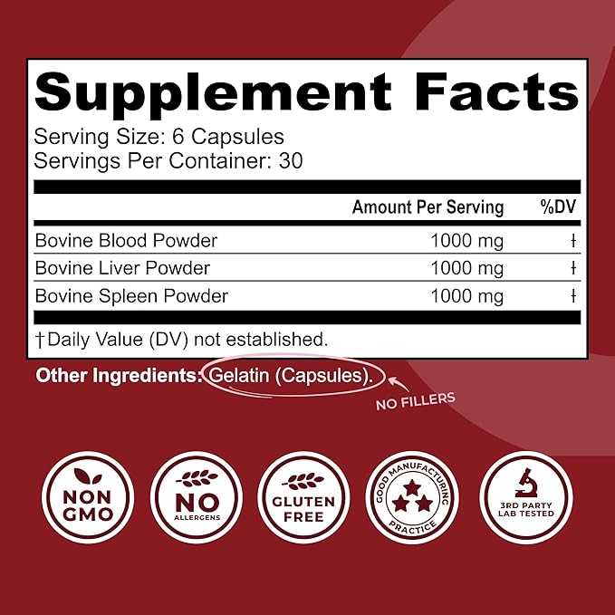 Left Coast Performance Grass Fed Bovine Blood and Beef Liver Supplement –100% Grass Fed, New Zealand Pasture Raised Beef Organs - Natural Blood Builder, Non GMO, Freeze Dried –180 Capsules