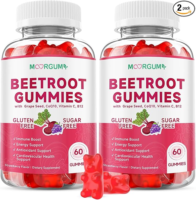 Beetroot Gummies with Grape Seed, Niacin, CoQ10, Vitamin C, B12, L-Citrulline & L-Arginine, Antioxidant Support, Sugar-Free Beet Root Supplement for Women & Men, 120 Count