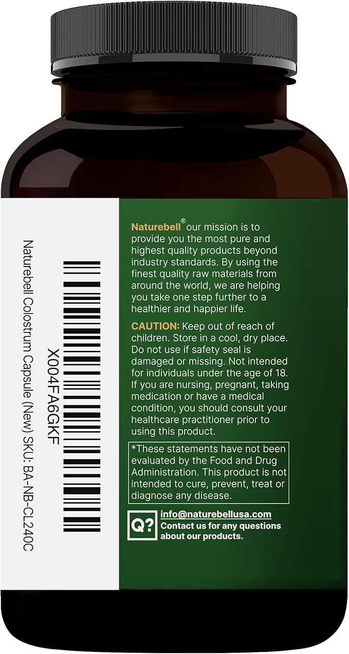 NatureBell Bovine Colostrum Supplement 1,000mg Per Serving, 240 Capsules | 40% IgG Colostrum Powder for Gut Health, Bloating, Skin, Hair & Immune Support – Non-GMO