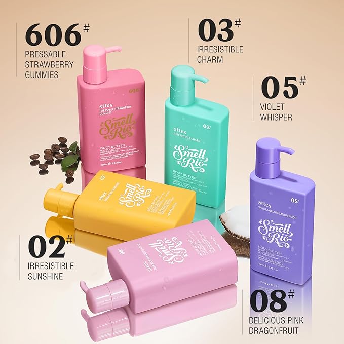 Sttes Smell Rio Body Butter 606# (Pressable Strawberry Gummies) – Whipped Non-Greasy Body Cream with Strawberry Marshmallow & Blackcurrant Candy Scent, Jojoba & Coconut Oil, Caffeine Hydrating Lotion