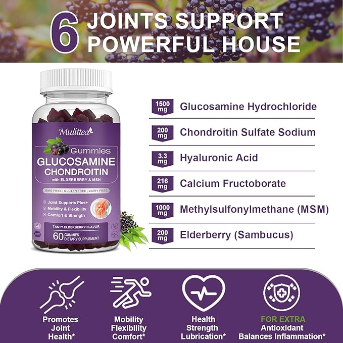 Mulittea Glucosamine Chondroitin Gummies - Extra Strength Joint Support Supplement with MSM & Elderberry for Natural Joint, Antioxidant Immune Support for Adults, Men & Women-(2 Pack)