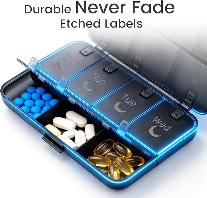 Foldable Weekly Pill Organizer 2 Times A Day, [2026 Version] Large 7 Day Medicine Pill Organizers w/Permanent Etched Labels, Weekly AM PM Pills Box Case Travel for Vitamin Supplements, Fish Oil