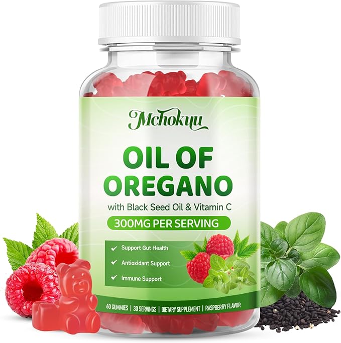 Oil of Oregano with Black Seed Oil, 2-in-1 Black Seed Oil Supplement for Women & Men Support Antioxidant Health, Sugar Free & Vegan Raspberry Herbal Gummies, 60 Count