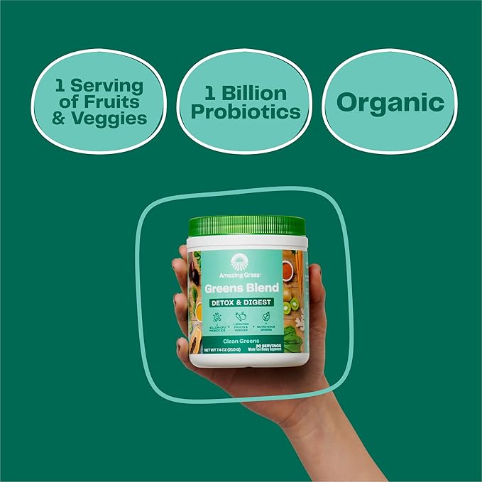 Amazing Grass Greens Blend Detox & Digest: Cleanse with Super Greens Powder, Beet Root Powder, Digestive Enzymes, Prebiotics & Probiotics, Clean Green, 30 Servings (Packaging May Vary)