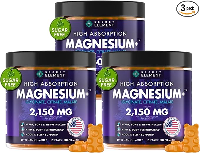 Secret Element Magnesium Glycinate 2150MG Gummies for Women and Men, High Absorption Magnesium Glycinate, Citrate, Malate, Sugar Free, Vegan, 60 Chews, Pack of 3, Orange