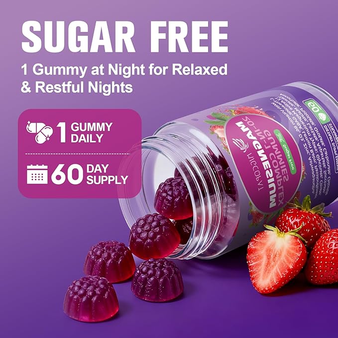 Migcopat Magnesium Complex Gummies, 20 in 1 Magnesium Gummy with Glycinate Citrate Malate Taurate - Ashwagandha, L-Theanine, D3&Zinc for Relaxation, Sleep, Muscle&Heart Support, Strawberry, 120 Cts