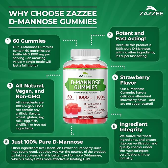 Zazzee D-Mannose Gummies, 1000 mg per Serving, 60 Vegan Gummies, Strawberry Flavor, Non-Sugar-Coated, Potent & Fast-Acting, All-Natural Urinary Tract Health Support, Made in the USA