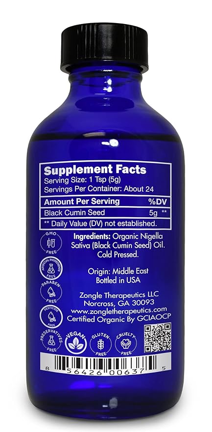 Organic, Black Seed Oil, Cold Pressed, for Hair, Face, Immune Support– 100% Pure, Black Seed Oil, by Zongle Therapeutics, 4 OZ