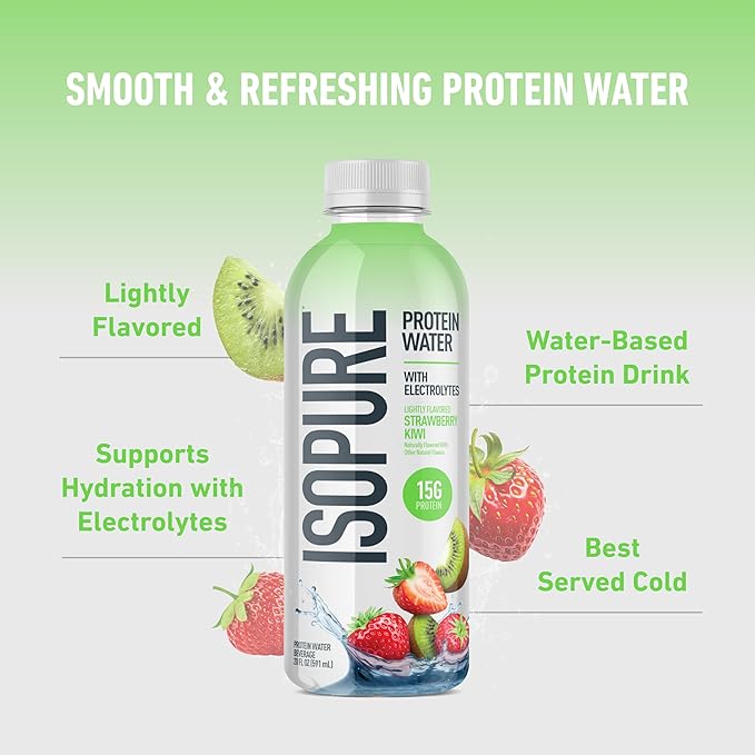 Isopure Clear Protein Water with Electrolytes, 15g Whey Protein Isolate, Zero Sugar, Strawberry Kiwi, 20 fl oz, 12-Pack
